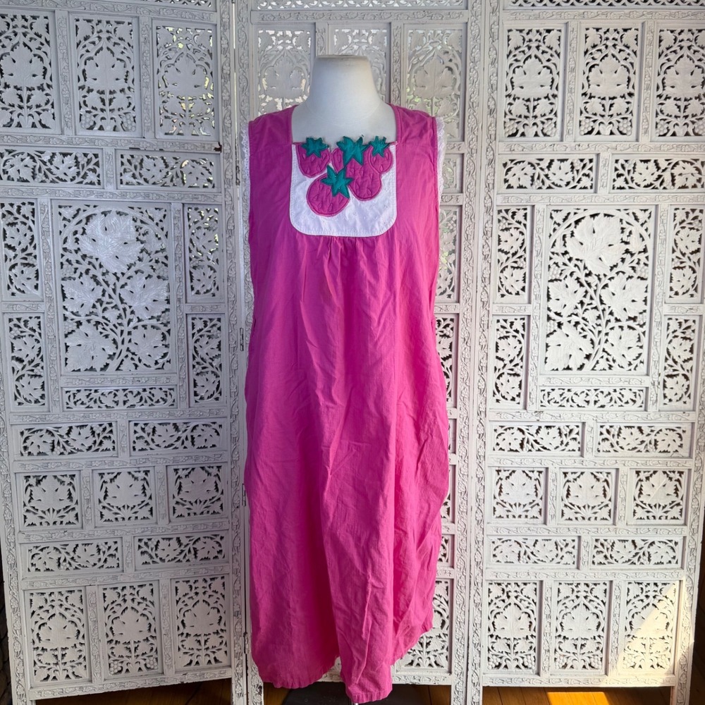 Vtg Retro Strawberry Fruit Dress Womens Small Oversized Twee Coquette 70's 80's